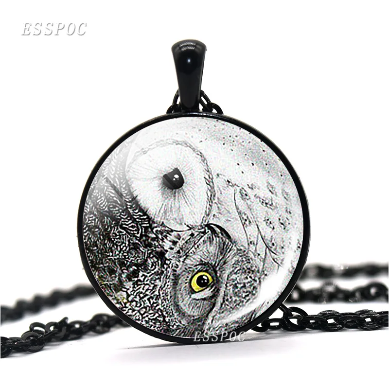 Винтажное ожерелье Yin Yang Owl металлическое стеклянный кабошон купольное Zen