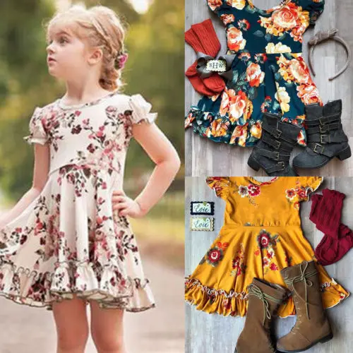 2019 Brand Floral Toddler Kid Baby Girls Dress Summer New Boho Short Sleeve Ruffle Tutu Holiday Outfit Clothes Spring 1-6Y | Детская