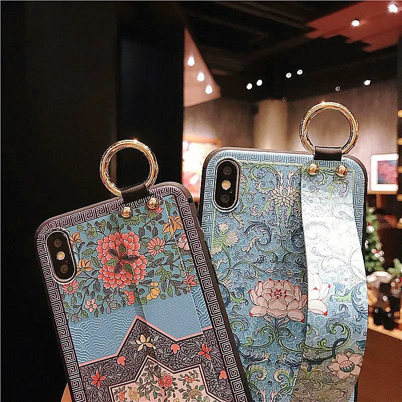 Flowers Wrist Strap Soft Tpu Phone Case For iphone 7 6 8 Plus X Xs Max Xr Flower Embroidery Pattern Cover | Мобильные телефоны и