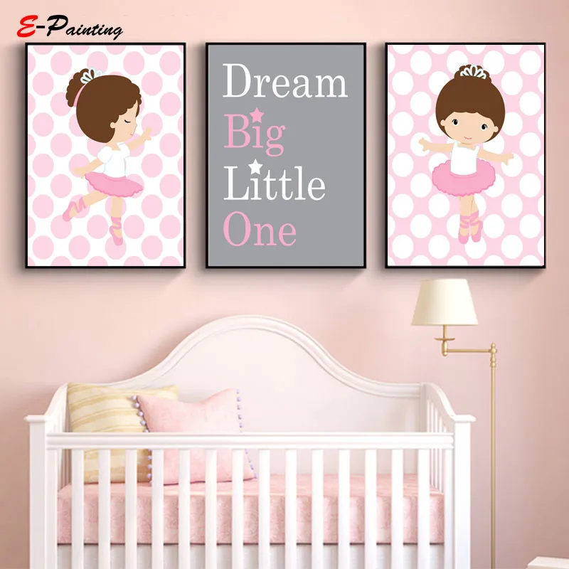 Baby Girl Nursery Art Prints Ballerina Dream Big Little One Pink and Grey Lovely Canvas Painting Pictures Kid Bedroom Poster | Дом и сад