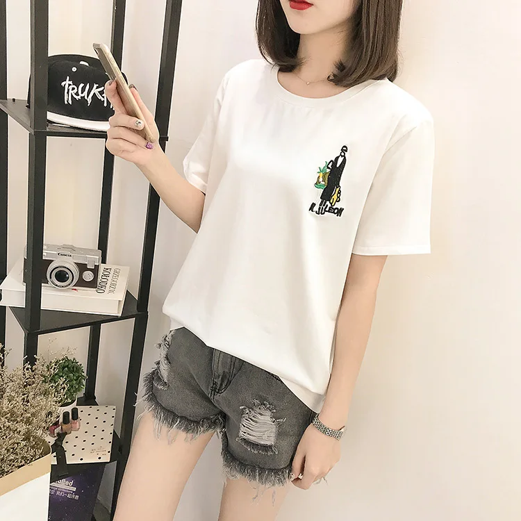 С героями мультфильмов вышивка женская футболка футболки Harajuku для женщин Летняя