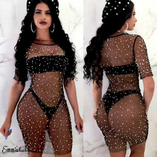 Sexy Womens Sequins Mesh Beachwear Swimwear Bikini Cover Up Ladies Lace Blouse Dress |