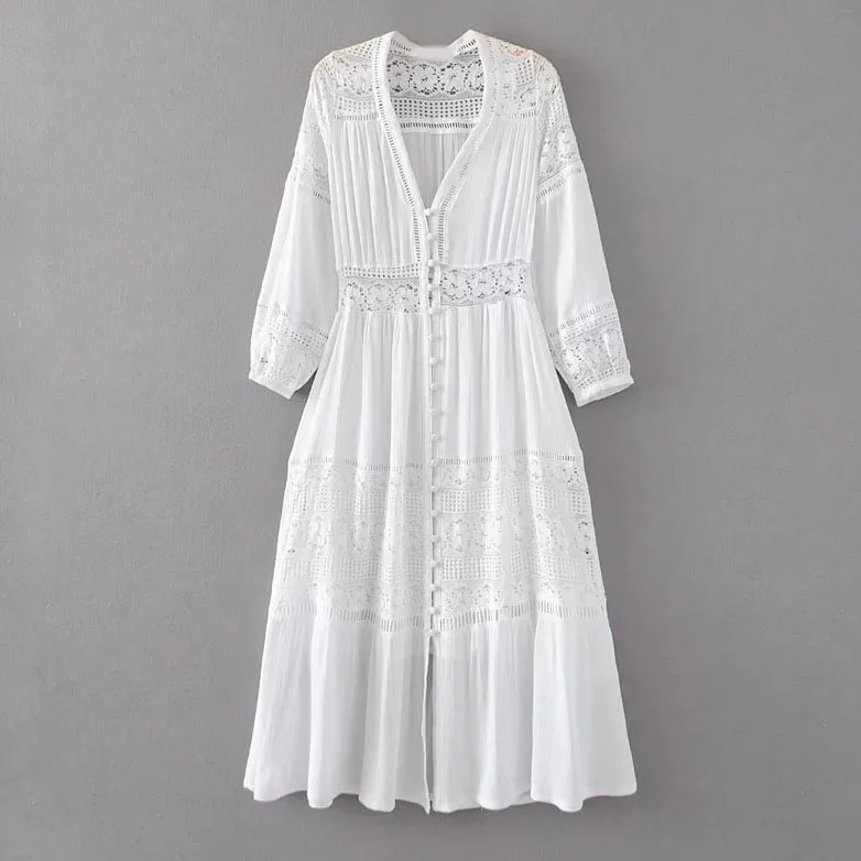 Женское длинное платье Boho белое кружевное с длинным рукавом лето 2019|Женские
