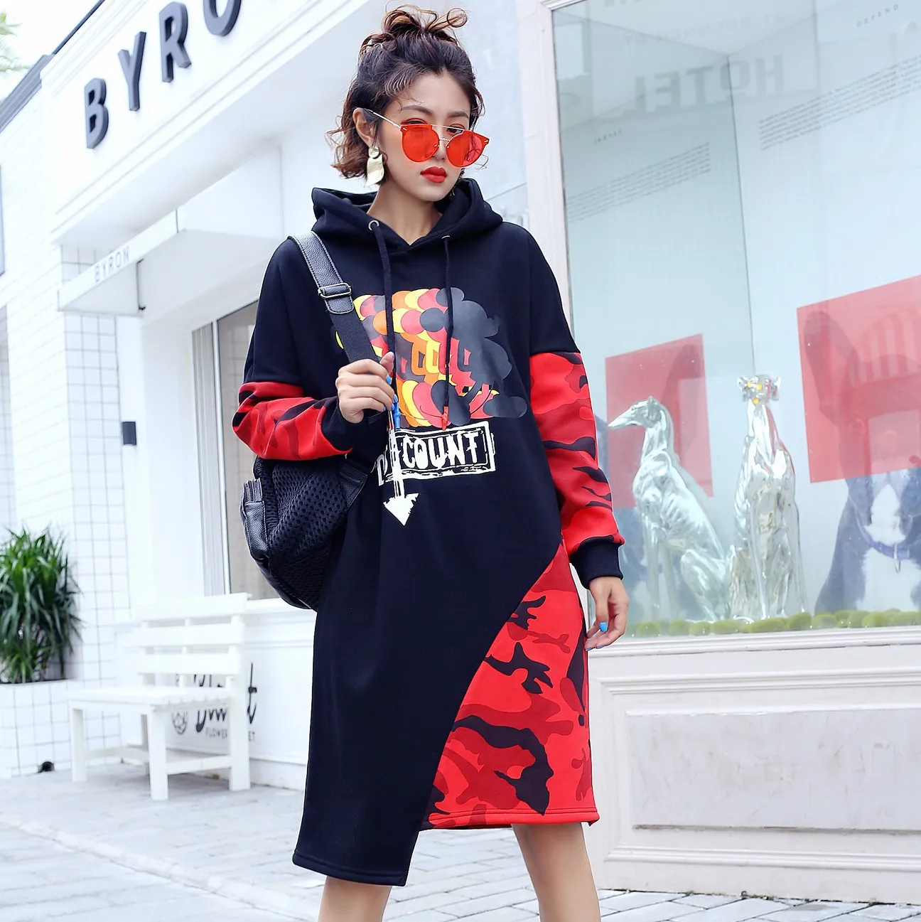 Vefadisa Pattern Print Hooded Sweatshirt Women Black Camouflage Patchwork Sweatshirts Irregular Pullover Long ZLD379 | Женская одежда