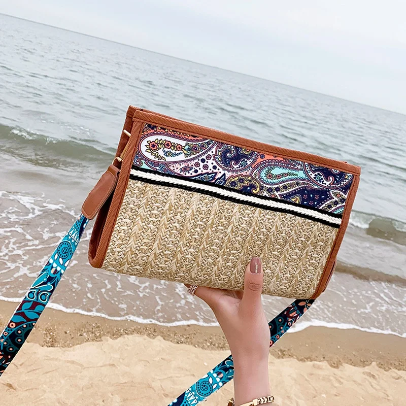 Boho ротанговая сумка Соломенная пляжная Женская этническая через плечо с цветным