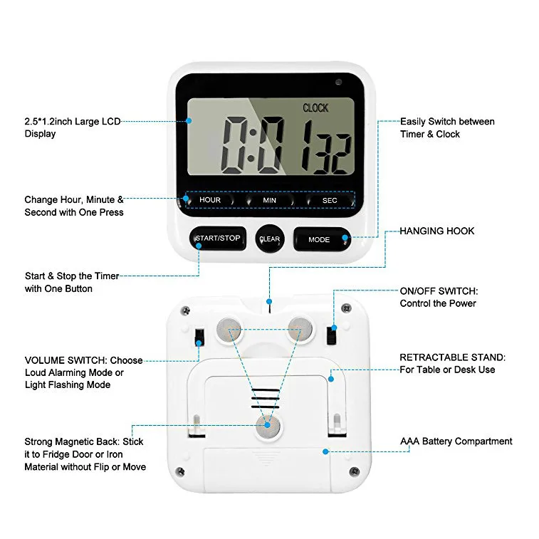HC-05 Upgraded 24-Hours Digital Kitchen Clock Cooking Timer Countdown Multifunction with Big Digits Loud Alarm Magnetic Backing |
