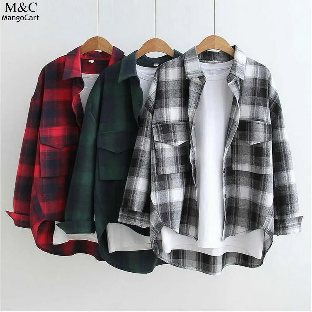 Plaid Shirt Long Large Sleeve Buttons BF Front Women Blouses Style Casual Shirts pockets 2018 Cotton |