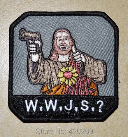 Горячая распродажа! ~ W.W.J.S.? Нашивки Иисус с пистолетами в руке шумоподавлением