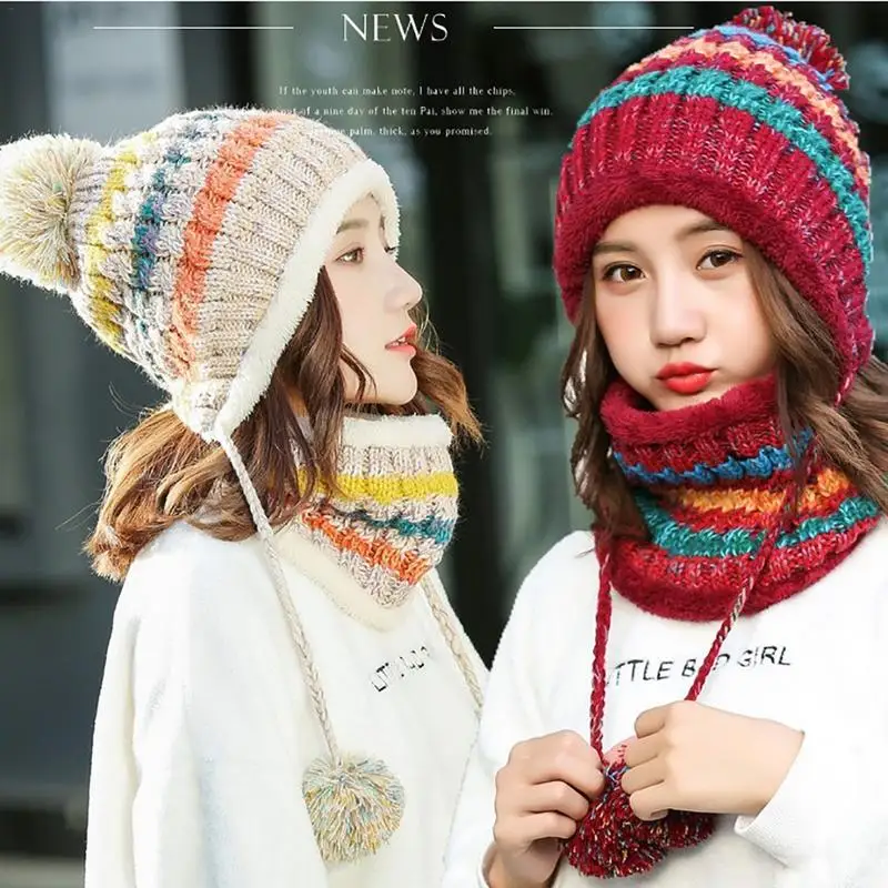 

New Women Hat&Scarf 2 Pieces Patchwork Color Winter Hat Women Pompoms Skullies Knitted Hat Caps Neck Warmer