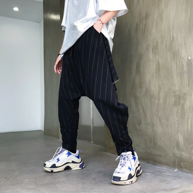 Мужские свободные брюки в полоску однотонные уличные стиле хип хоп на молнии