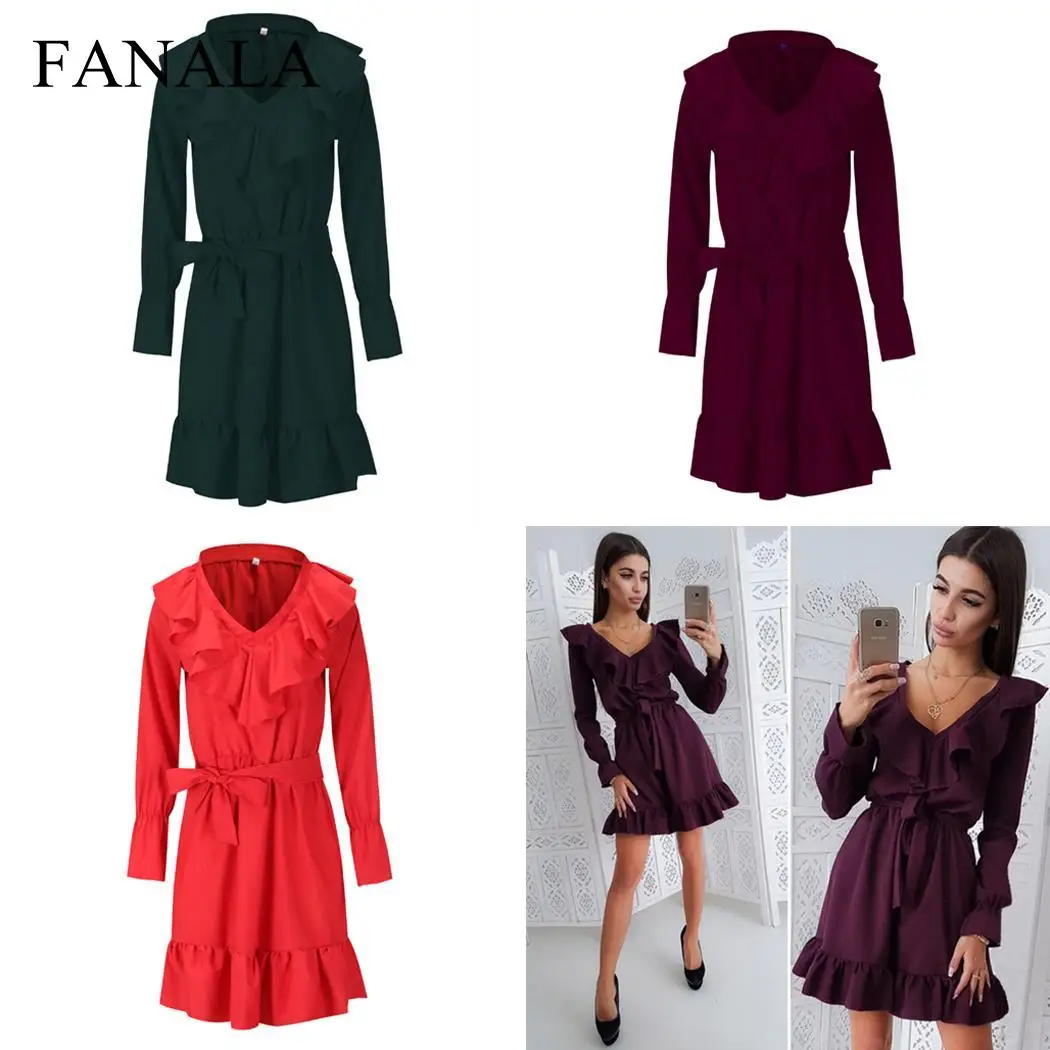 Женское платье милое модное весенне осеннее с длинным рукавом v образным вырезом