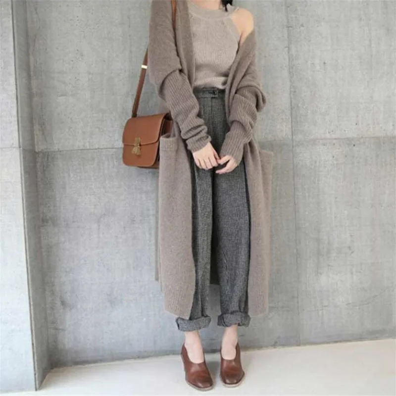 Осеннее пальто женское повседневное с длинным рукавом Свободный вязаный