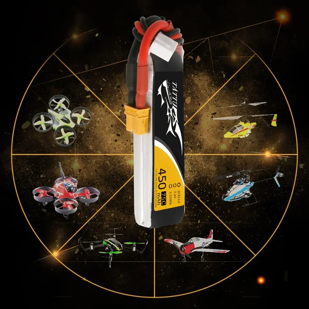 TATTU-bater&iacute;a Lipo 2s 75C RC, 7,4 v, 450mAh, enchufe XT30, para Mini Dron, cuadric&oacute;ptero, UAV, coche, FPV, tama&ntilde;o 120-3