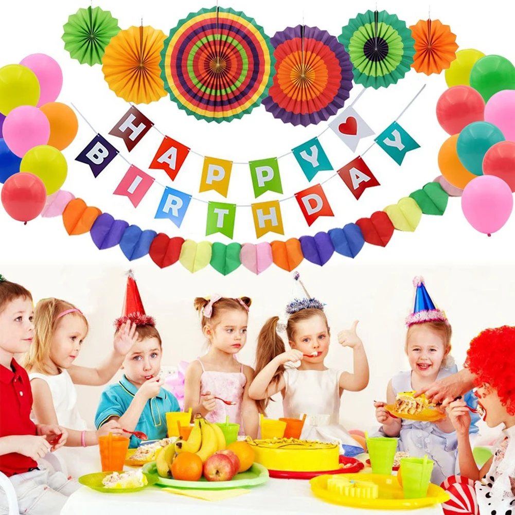 Happy Birthday Party Decorations Banner Garland Colorful Fiesta Paper Fans Latex Balloons Rainbow 27pcs/set | Дом и сад