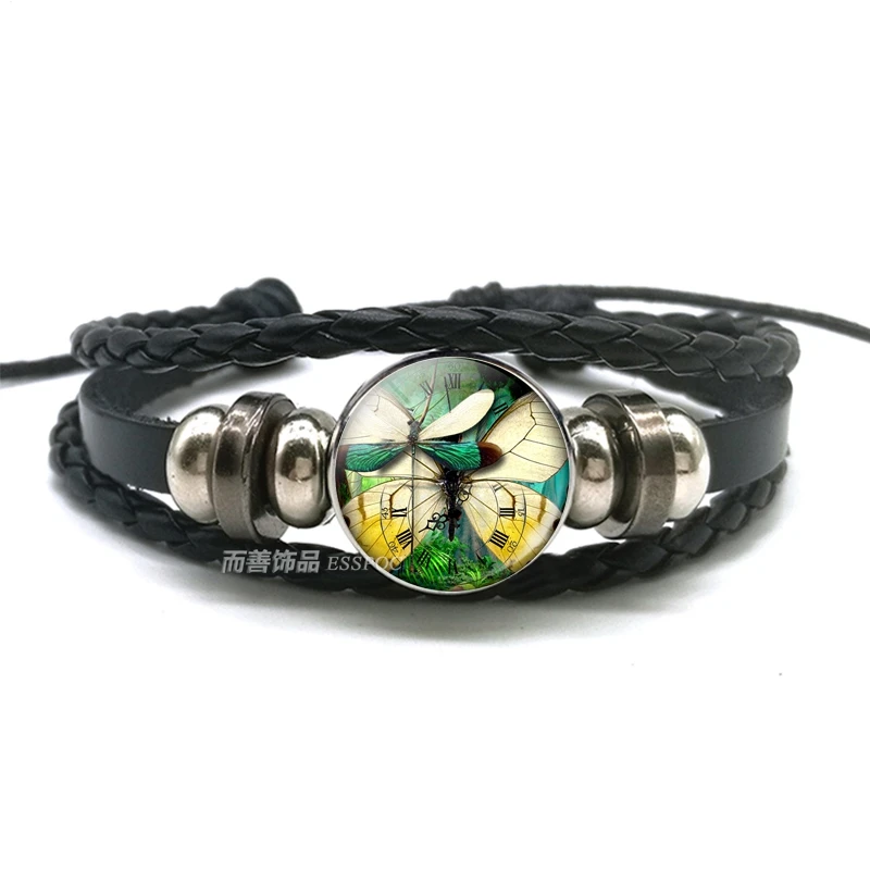 Стимпанк Бабочка Стрекоза арт кнопка для рисования браслет черный плетеный