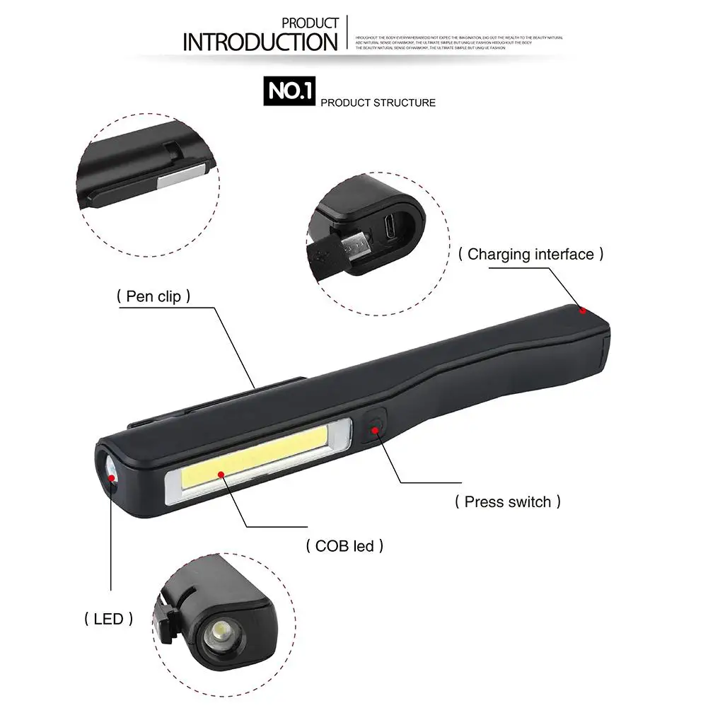 Портативная инспекционная лампа COB LED USB перезаряжаемая магнитная ручка с зажимом