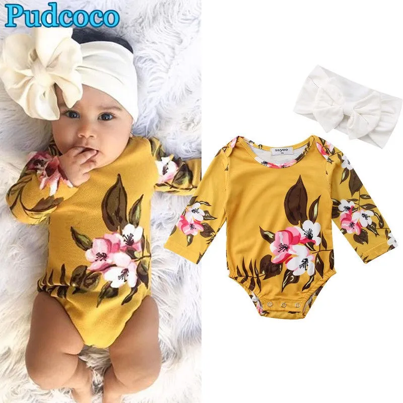 Pudcoco 2019 Brand New Newborn Baby Girl Long Sleeve Romper Floral Jumpsuit+Headband Cotton Clothes | Детская одежда и обувь
