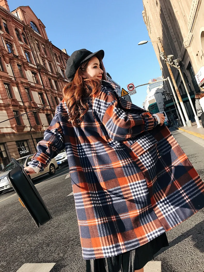 Винтажное женское длинное пальто с широкой талией в клетку двубортное Женское