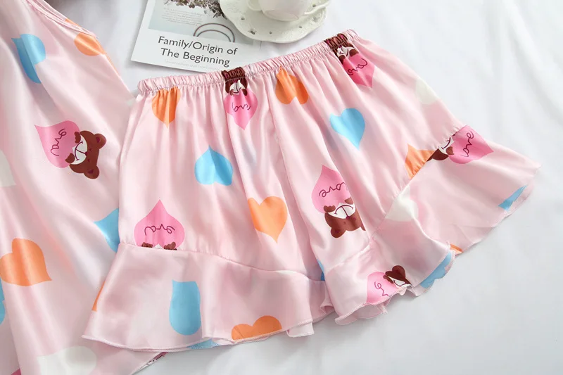 Пижама женская пижамный комплект с шортами и сатиновым принтом лето 2019|Комплекты