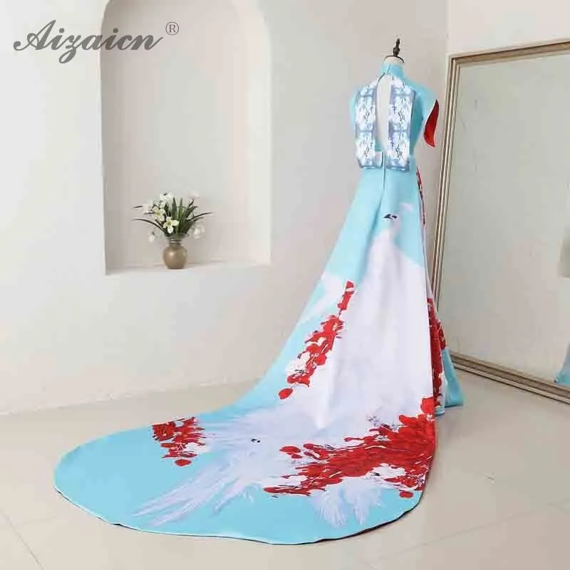 Модное платье на одно плечо Cheongsam длинный хвост кружево платья Qi Pao для женщин в