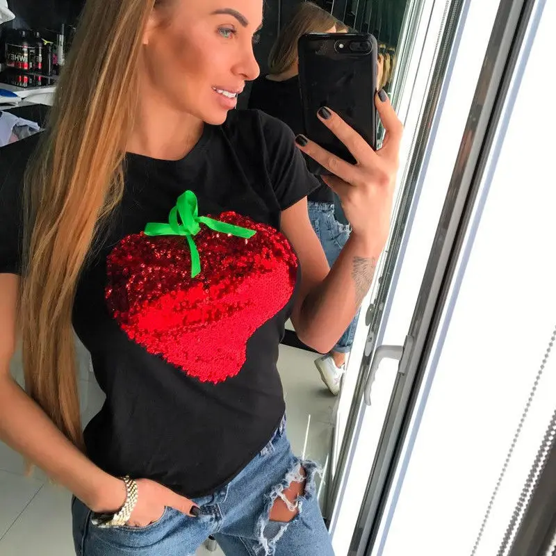 Женская футболка с блестками и клубничкой Повседневная Свободная хлопковая