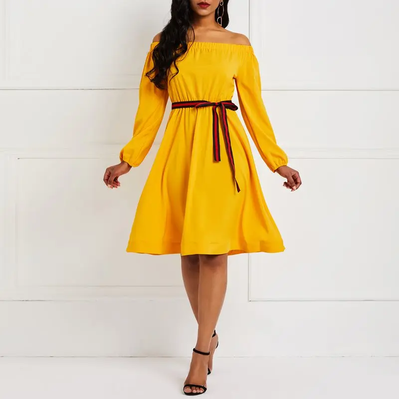 Женское платье с открытыми плечами желтый 2019 лето на шнуровке длинным рукавом