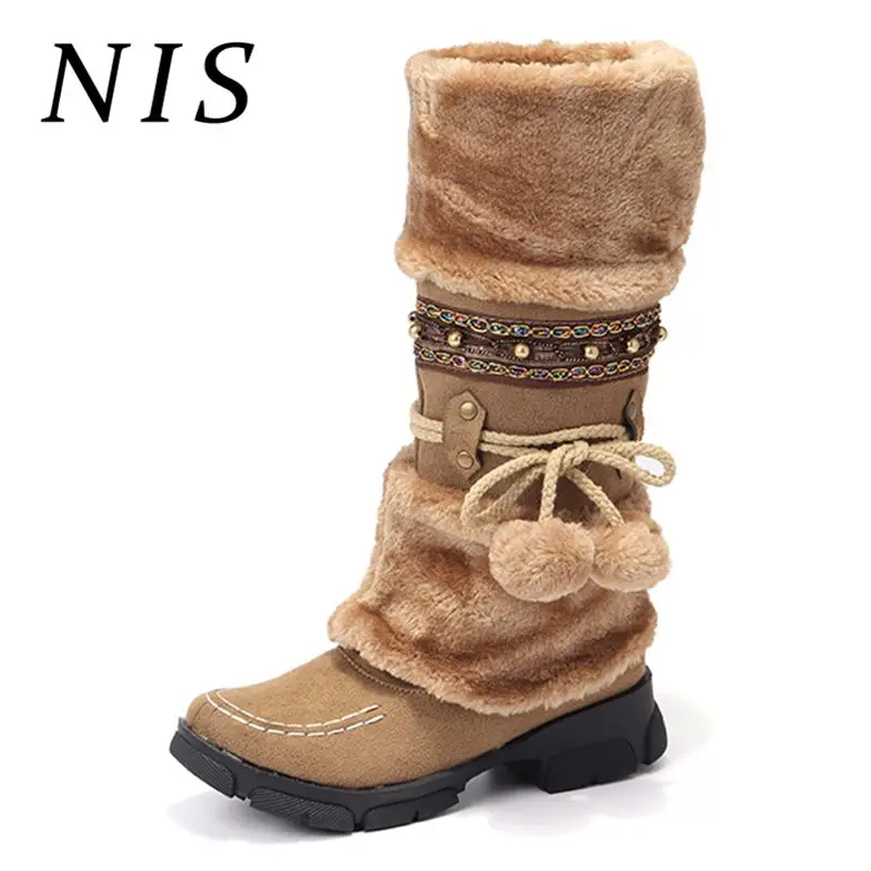 Женские сапоги до середины икры NIS зимние теплые размера плюс с плюшевой