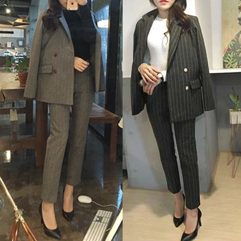 Set female striped woolen casual slim suit fashion temperament OL suit female woolen small suit and pants two-piece suit