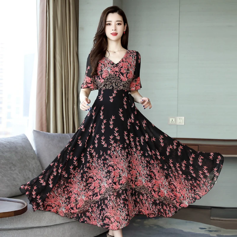 Женское длинное шифоновое платье Boho пляжное с круглым вырезом большие размеры