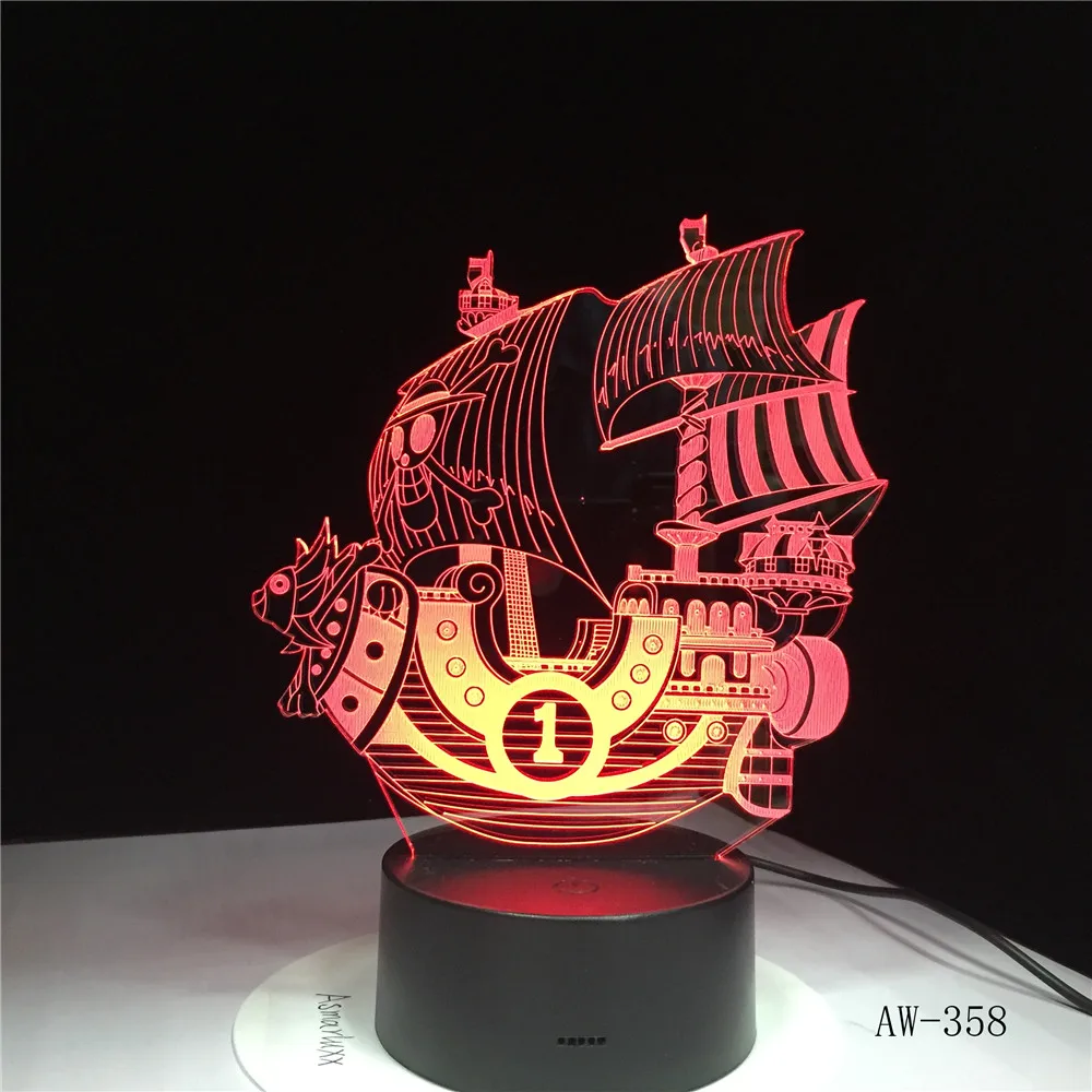 Пираты лодка корабль LED 3D ночник акрил 7 цветов Изменение USB настольная лампа