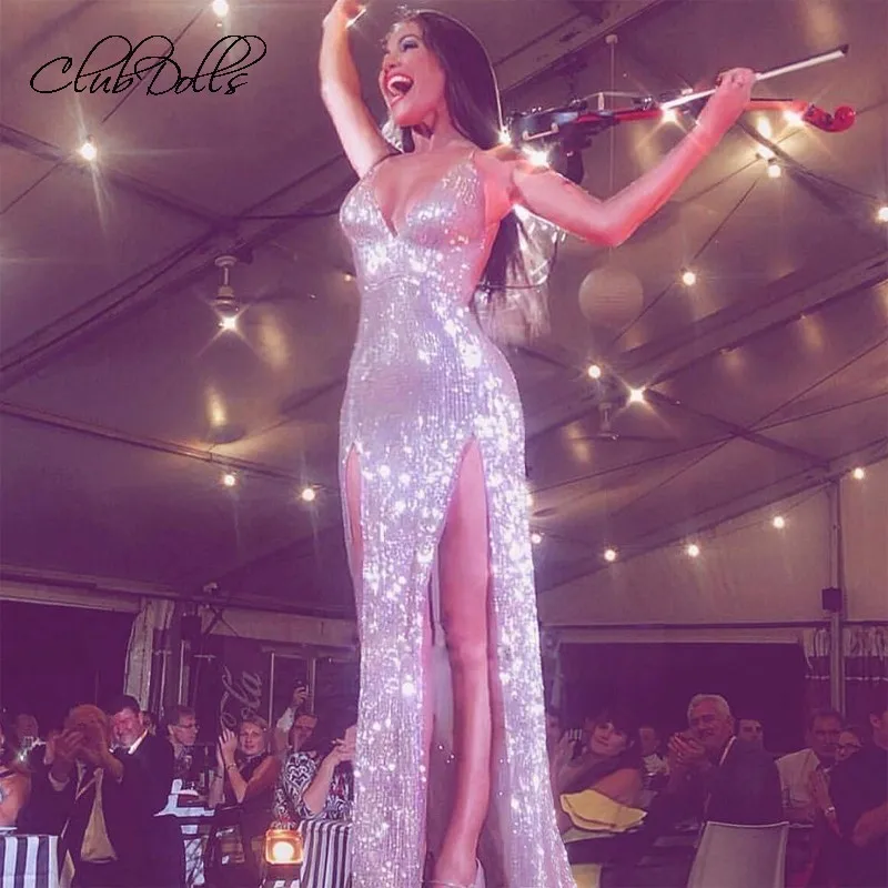 Женское вечернее платье с v образным вырезом и блестками Сетчатое макси открытой