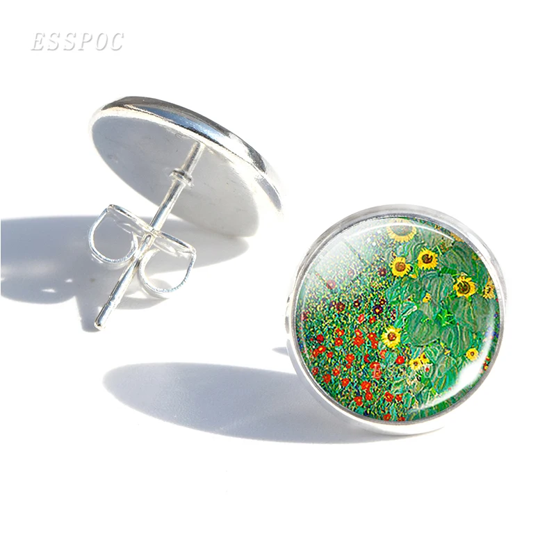 

Gustav Klimt Art Print Silver Plated Glass Circle Stud Earrings Stainless Alloy Earrings Handmade Fashion Ear Jewelry For Women