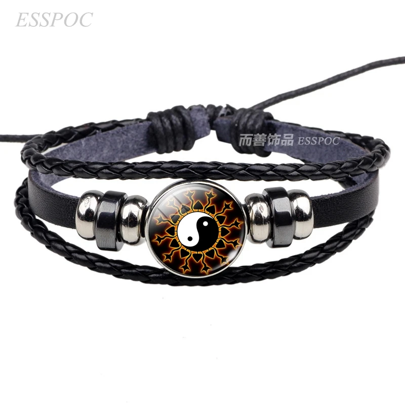 Кожаный браслет со стеклянным кабошоном Yin Yang Tai Chi украшения плетеные