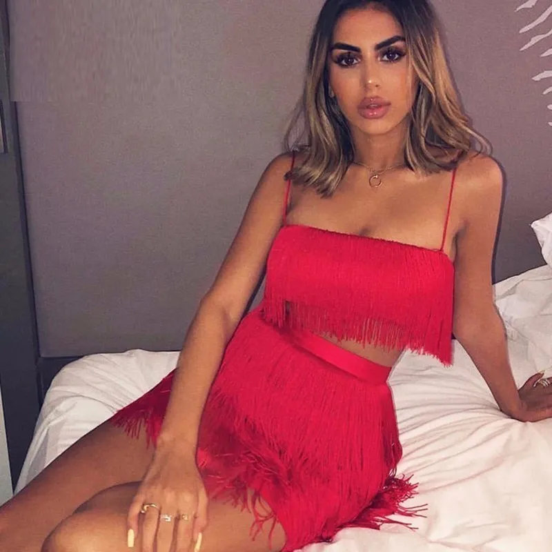 Женский комплект из двух предметов с кисточками DRESSMECB синий короткий топ и юбка