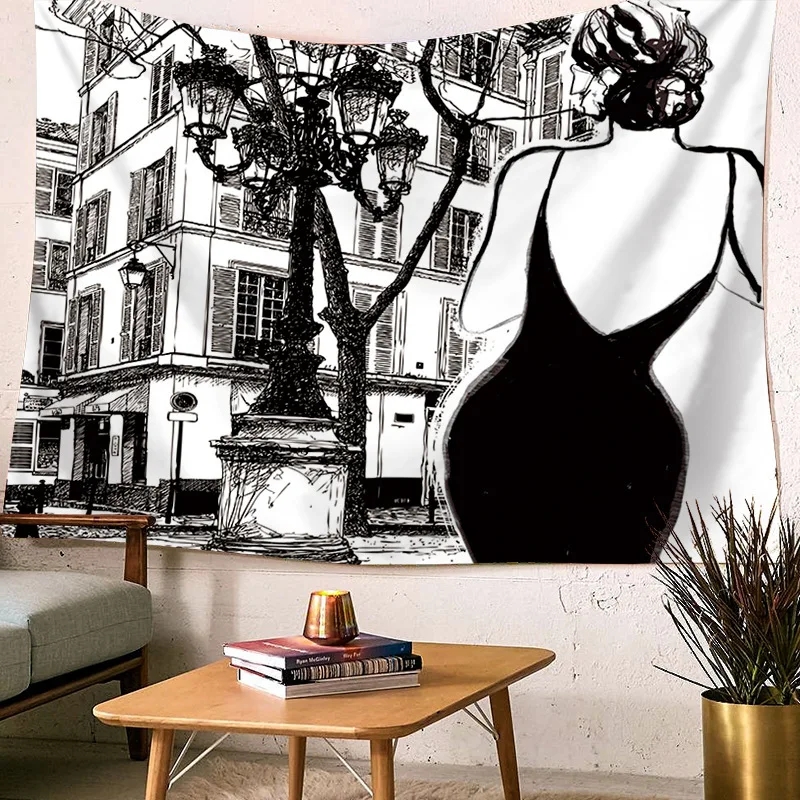 Черный и белый гобелен с героями мультфильмов настенный целующийся ручной