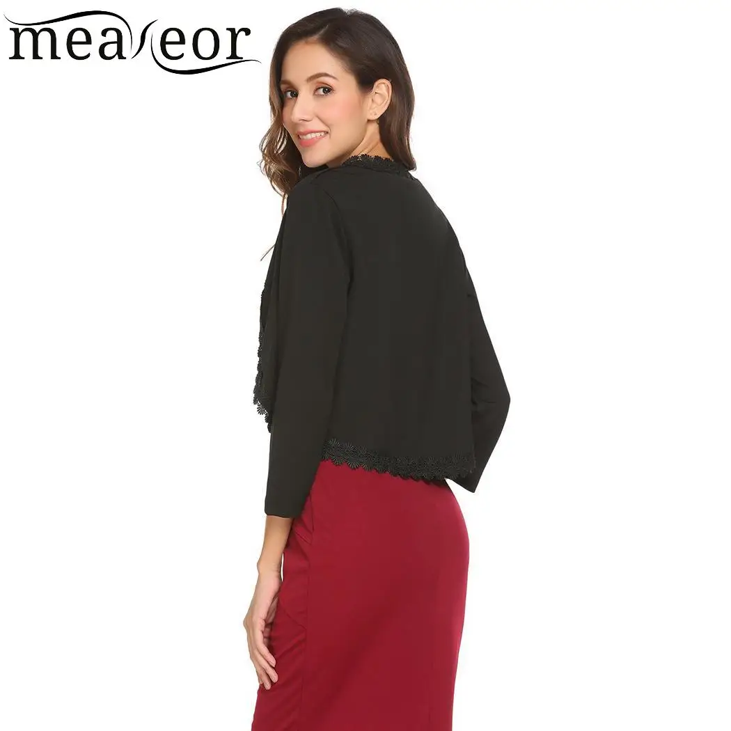Meaneor Vinatge 3/4 Sleeve Women Shrug Sexy Front Open Casual Outerwear Hem Cardigan Coats Patchwork Asymmetrical Crochet |