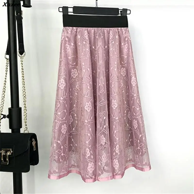 2018 High Quality Skirts New Women Girls Middle Long Calf Elastic Waist Lace Sexy Skirt Summer Elegant High Waist Skirts Xnxee