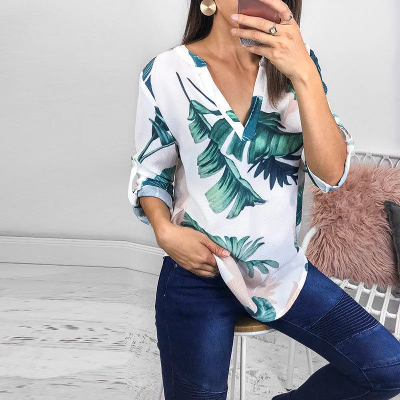 Блузка женская с цветочным принтом V образным вырезом и длинным рукавом|Блузки| |
