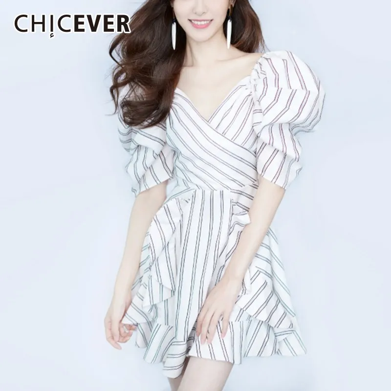 CHICEVER платье в полоску для женщин v-образный вырез пышные рукава высокая талия