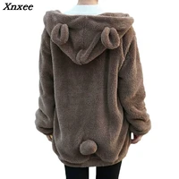 hot sale women hoodies zipper girl winter loose fluffy bear ear hoodie hooded jacket warm outerwear coat cute sweatshirt hoody