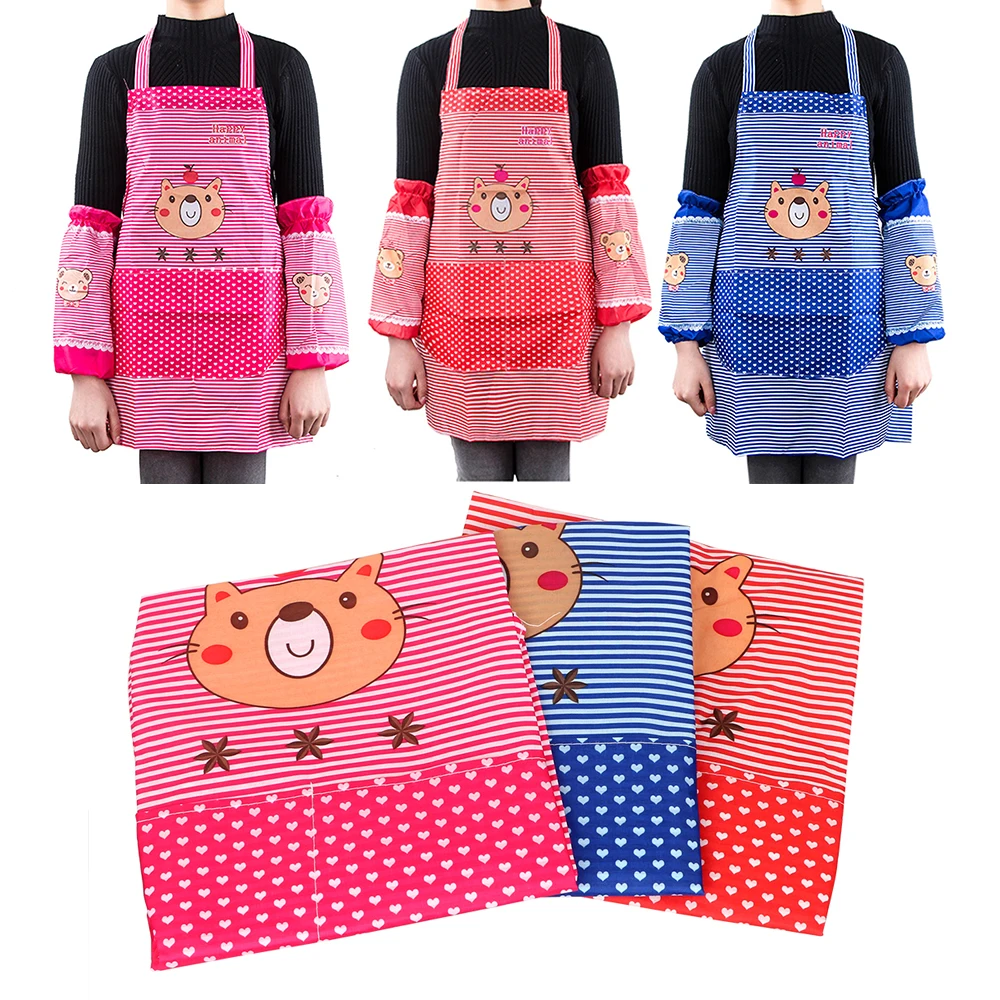 

Pocket Apron Dress Set Waist Bib Anti-oil Bear Apron with 1 Pair Sleeve Kitchen Accessories BBQ Tool