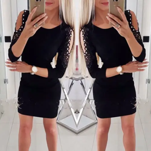 Women Sexy Autumn Cold Shoulder Lace Bodycon Solid Dresses Ladies Round Neck Evening Party Mini Dress | Женская одежда
