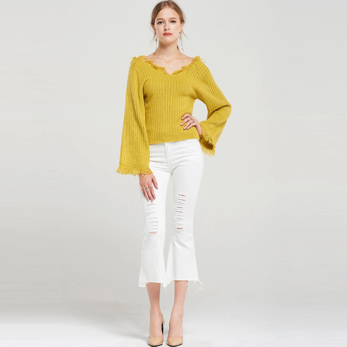 HDY haoduoyi Slim-fit Version Of The Old Raw Trumpet Sleeves Slim V-neck Casual Long-sleeved Women's Sweater | Женская одежда