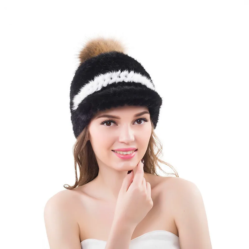 Real Mink Fur Hats With Raccoon Pompom Winter Warm Fashion Women Visors Hat Caps |