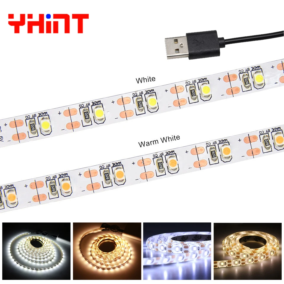5 в USB Power 3528/2835 60 светодиодов/м белая/теплая белая светодиодная лента 50 см 1 м 2