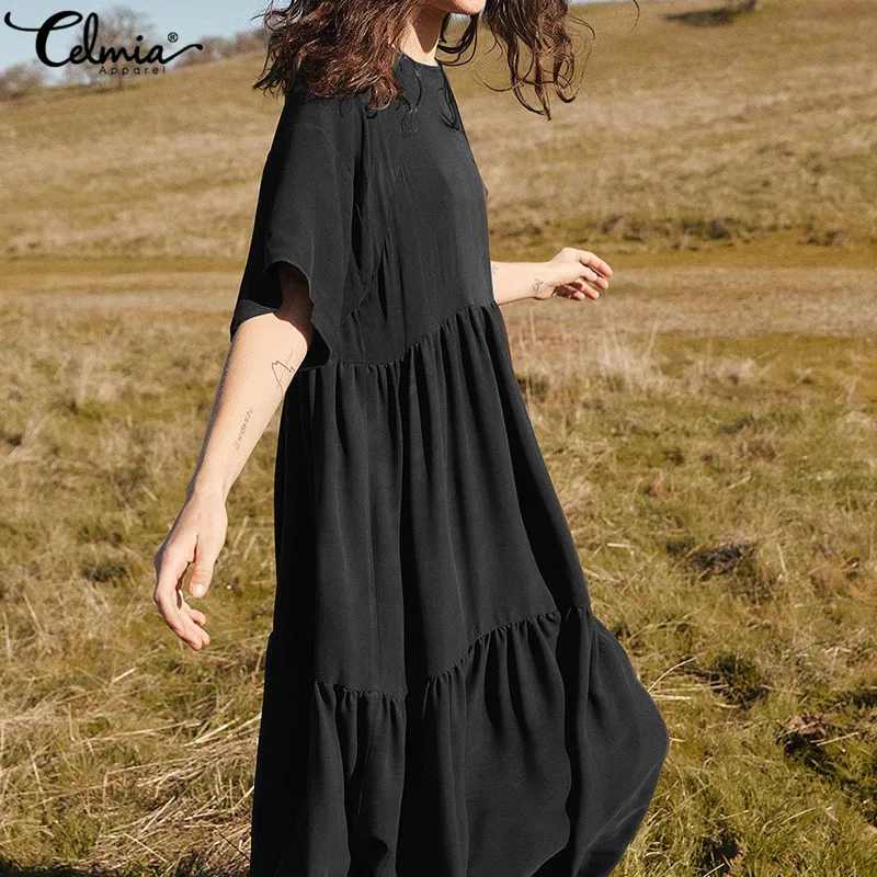 Женское винтажное длинное платье Celmia повседневное свободное Плиссированное