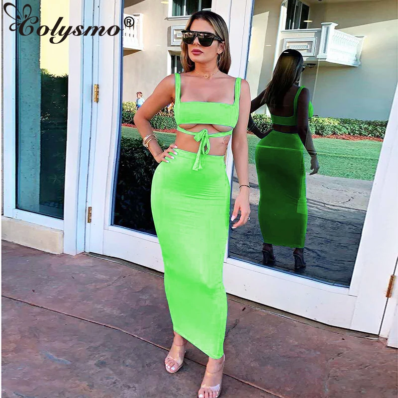 

Colysmo Double Layers Lavender Two Piece Set Crop Top Long Skirt Set Summer Clothes For Women Sexy Club Outfits Neon Green