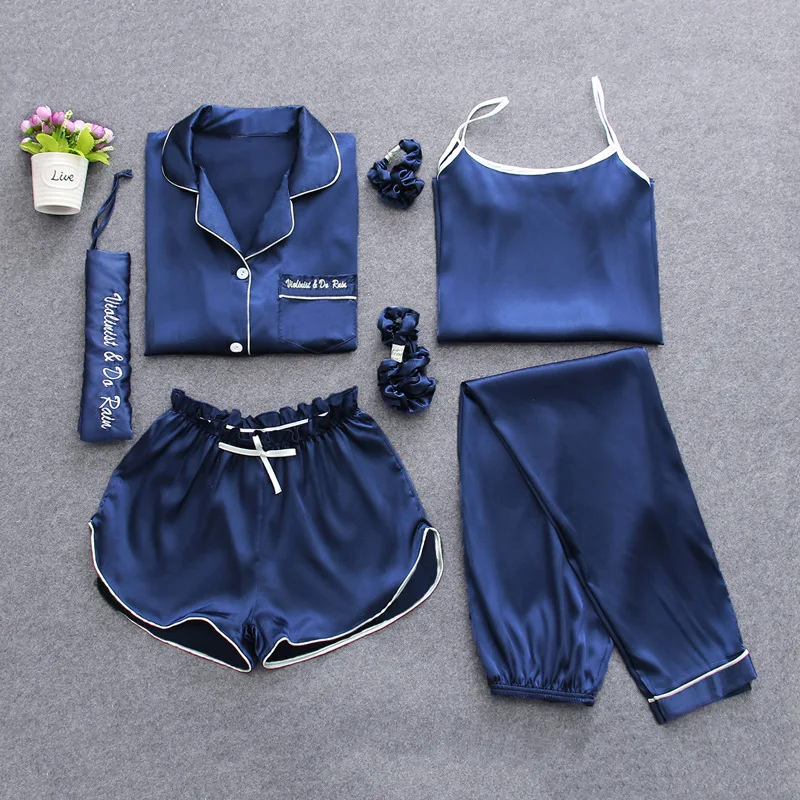 

2019 Summer Women 7 Pieces Silk Pajamas Satin Pyjamas Set Sleepwear Sexy Pijama Nightsuit Female Sleep Loungewear