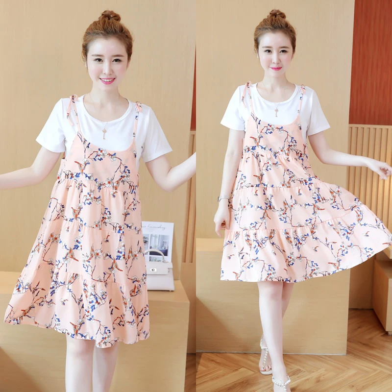 2020 pregnant women short sleeves summer dress suits sleeve cotton tees+strap floral chiffon twinset maternity set | Мать и ребенок