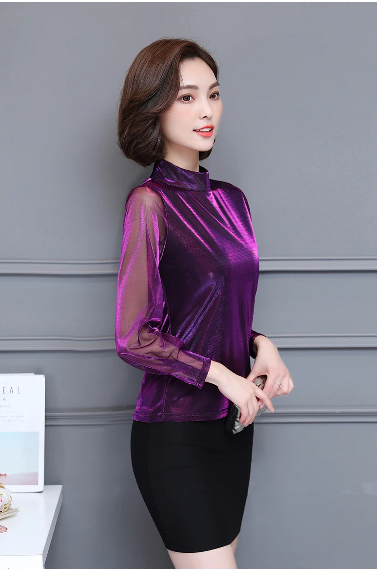 

2019 spring new long sleeve womens tops and blouses elegant woman shirts sexy retro stand collar Mesh splicing tops 2021 50